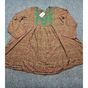 Generation Tunic Dress Womens 14 Green Red Print 100% Cotton Kurta Top Boho New